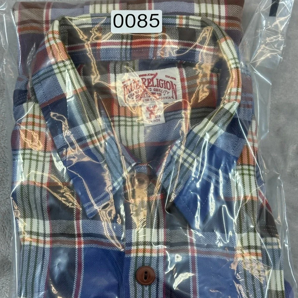 True Religion Service Co‎ Flannel Shirt XL Blue Plaid Back Graphic Embroidered